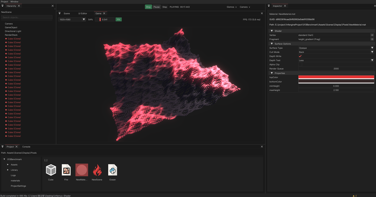 Infernux 0.1.5 editor running a height-shaded voxel scene at runtime